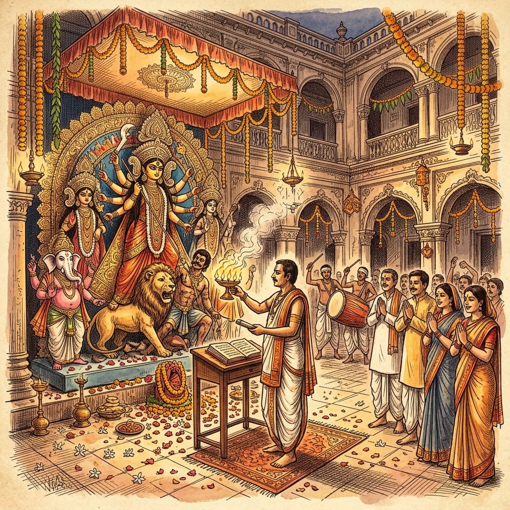 Durga Puja Sketch Art • Purohit Mantra Paat and Devotees Taking Blessings